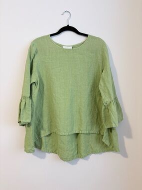 Bryn Walker Linen Top Medium Green Bell Sleeve Layered Hem Boho Lagenlook
